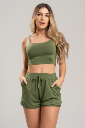 Conjunto MUVI Top Cropped + Short Casual Fitness - Verde Militar